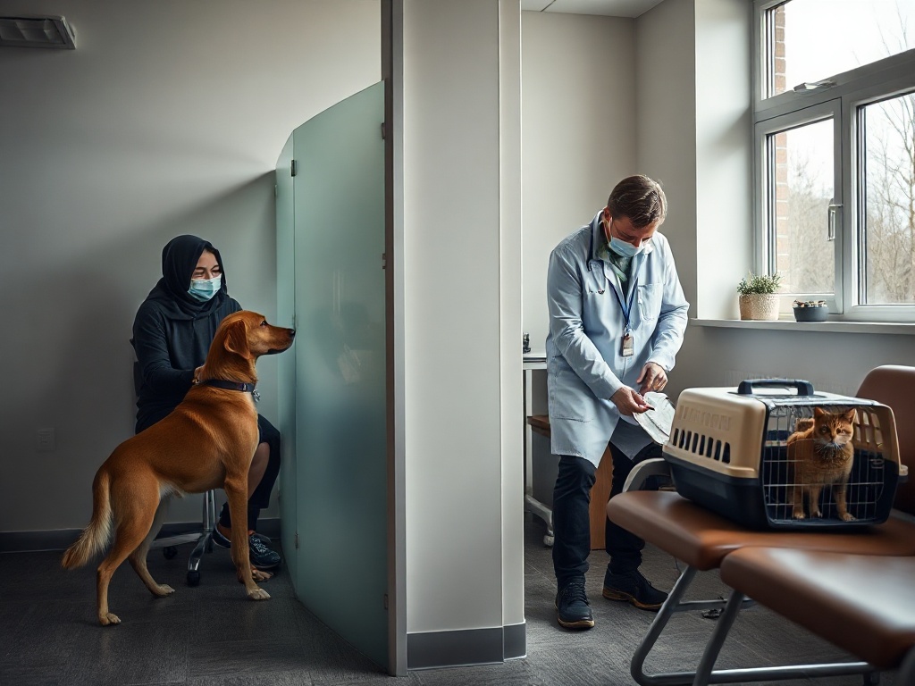 Realistic interior photo of a modern Polish veterinary waiting room with two separate areas divided by a frosted glass partition