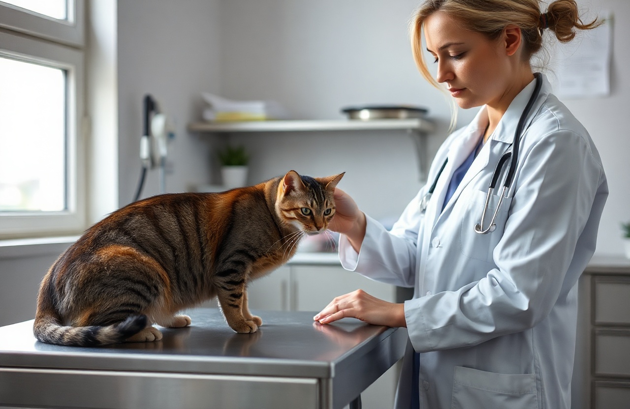 Documentary photo of a calm female veterinarian in a white coat gently examining a tabby cat on a stainless steel examination table in a clean